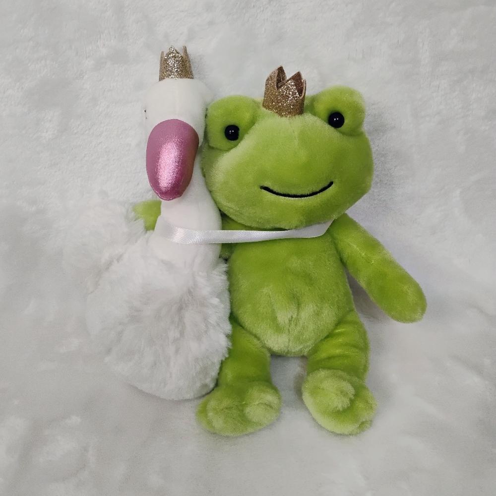 Frankford Frog and Swan Plush Gold Glitter Crowns Green White Stuffed Animal 7"